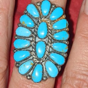 Navajo sterling JB stamped turquoise blossom ring size 6.5